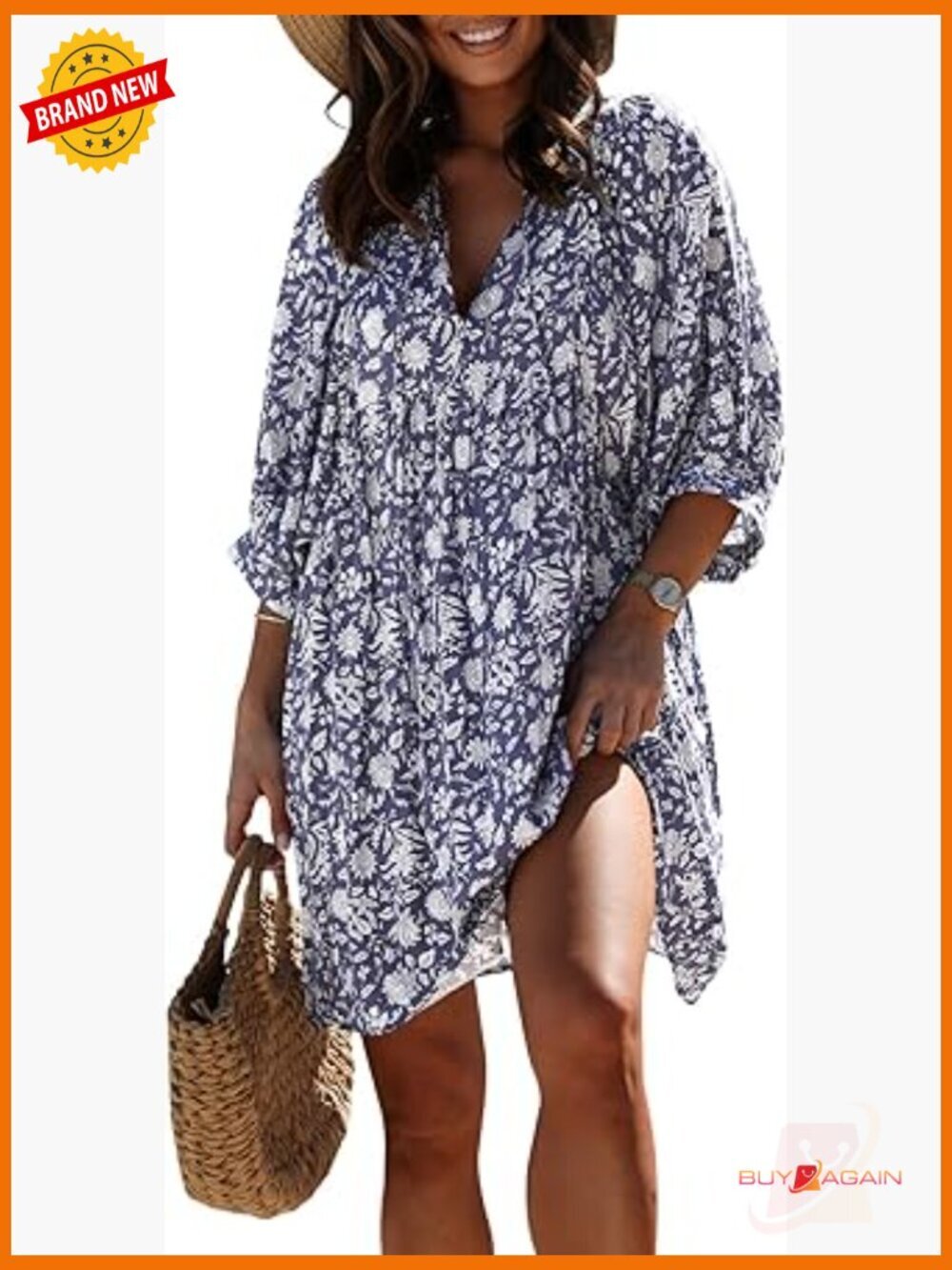 V Neck Short Sleeve Bohemian Floral Mini Tunic Dress
